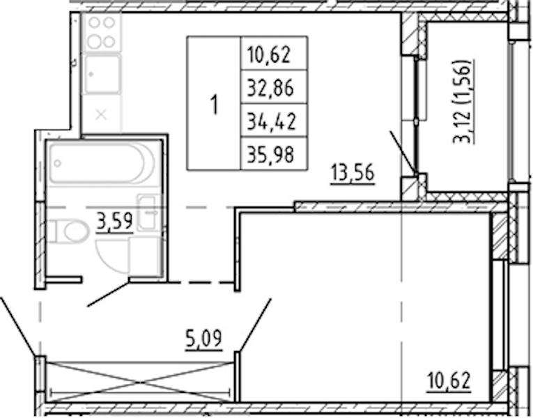 1-комнатная квартира 32.86 м², 2/12 эт., ЖК «Полис Новоселье»
